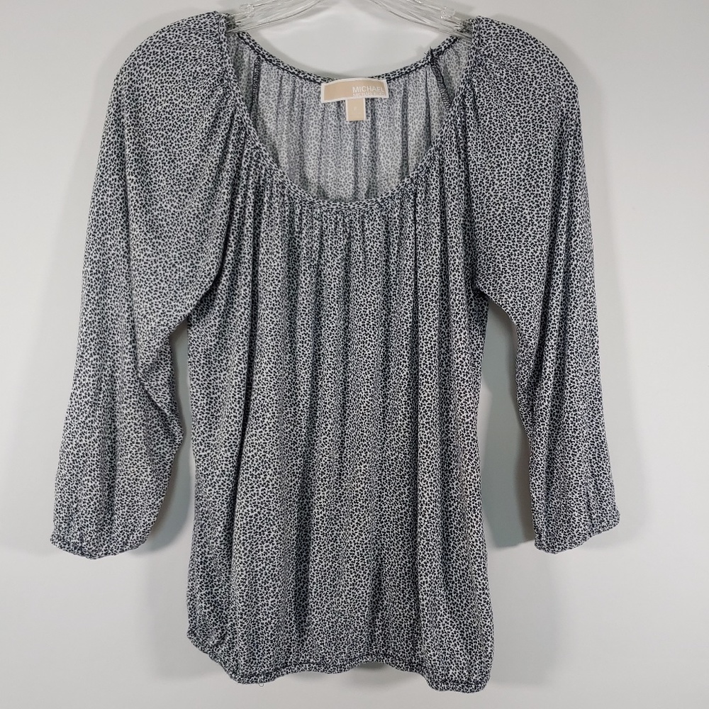 MICHAEL Kors Scoop Neck 3/4 Sleeve Navy Print Pullover Peasant Blouse Petite